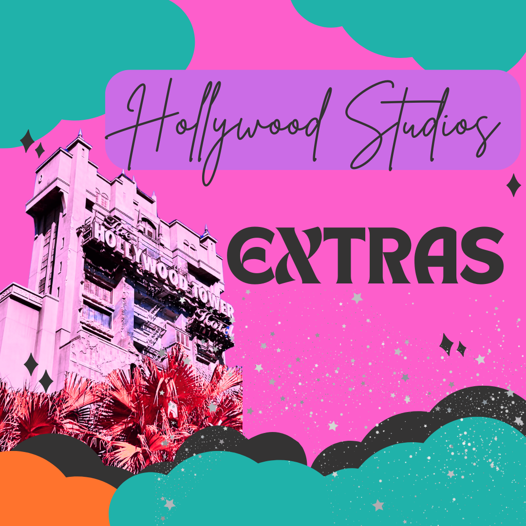 Hollywood Studios Extras text overlaid on vintage building silhouette with retro color scheme.