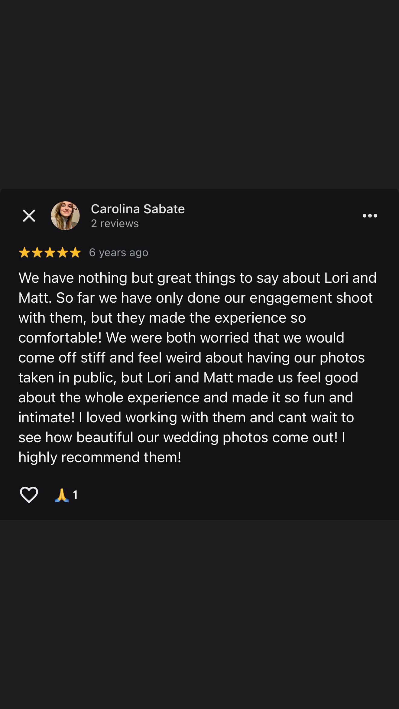 Five-star Google review from Carolina Sabate praising photographers Lori and Matt for their comfortable engagement shoot experience.