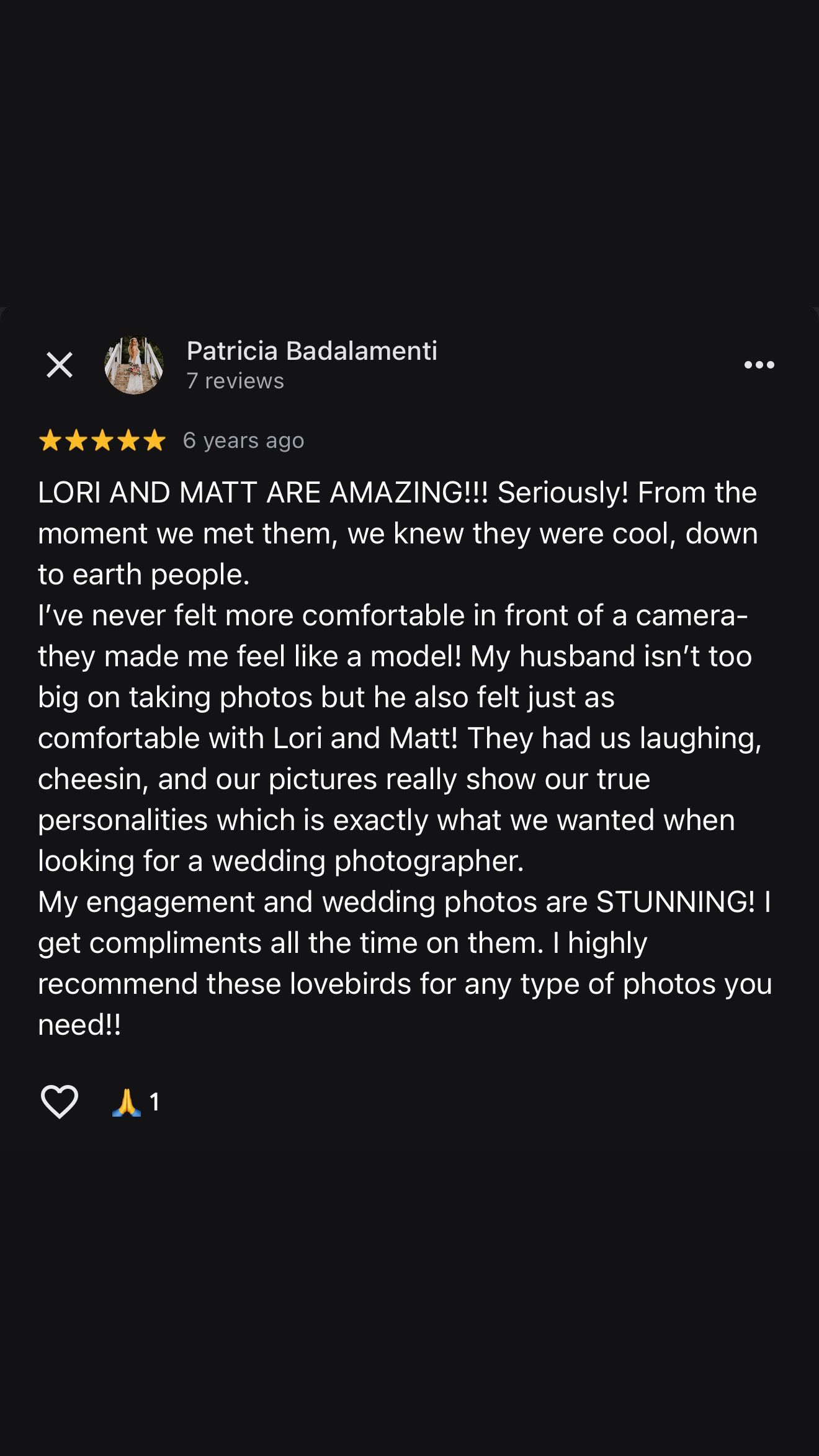 Five-star Google review from Patricia Badalamenti praising wedding photographers Lori and Matt for their amazing work and personality.