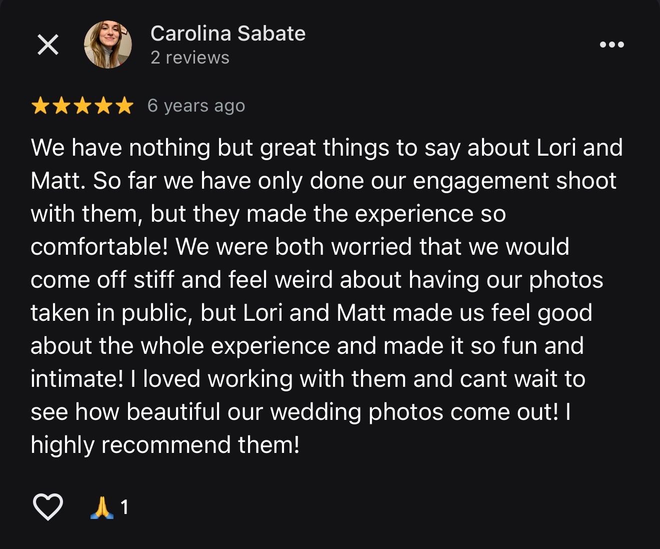 Five-star Google review praising wedding photographers Lori and Matt for making clients comfortable during engagement shoot.