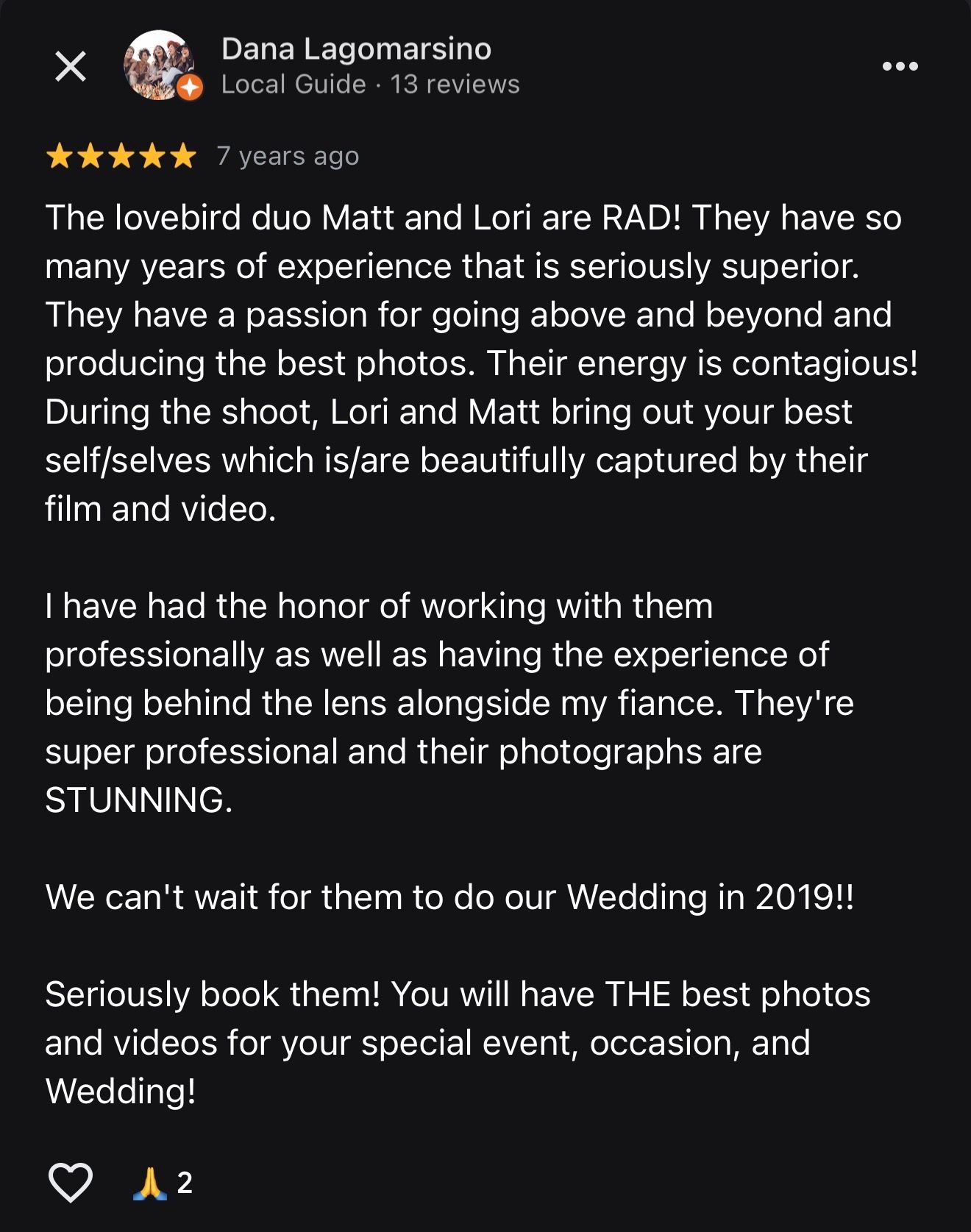 Five-star Google review praising wedding photographers Matt and Lori for their professionalism and stunning photos and videos.