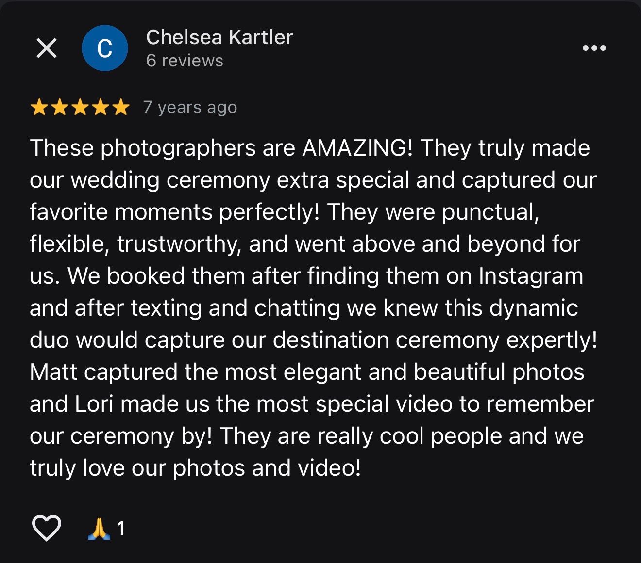 5-star Google review praising wedding photographers Matt and Lori for capturing beautiful destination ceremony photos and videos.