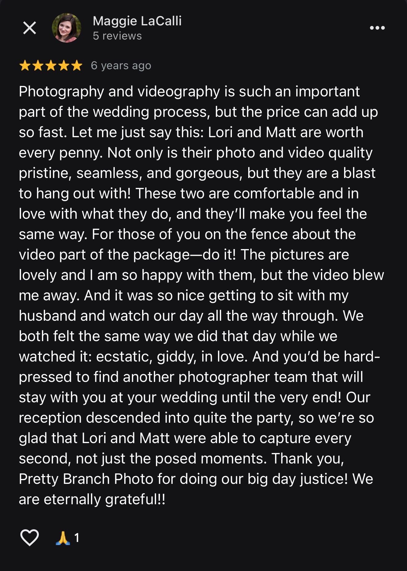 Five-star Google review praising Pretty Branch Photo wedding photography and videography services by Lori and Matt.