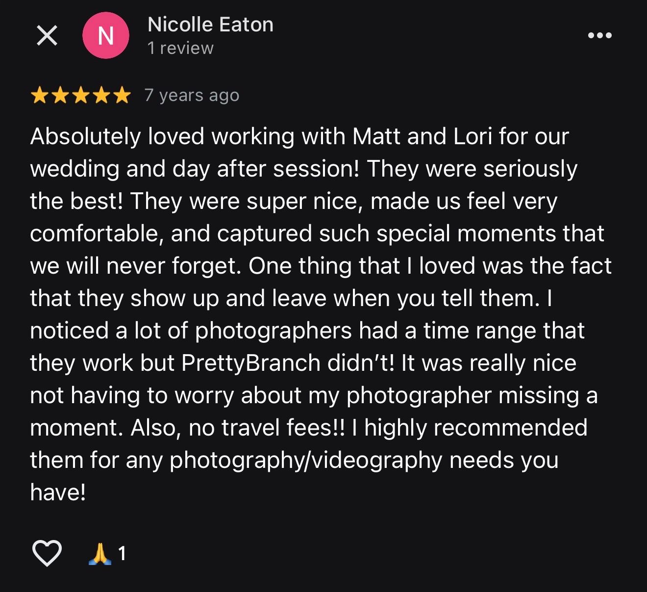 Five-star Google review praising PrettyBranch photographers Matt and Lori for wedding photography services, highlighting no travel fees.