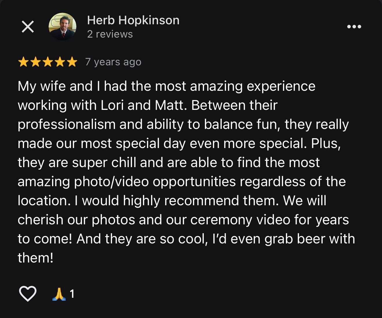 Five-star Google review praising wedding photographers Lori and Matt for professionalism, fun balance, and finding amazing photo opportuniti