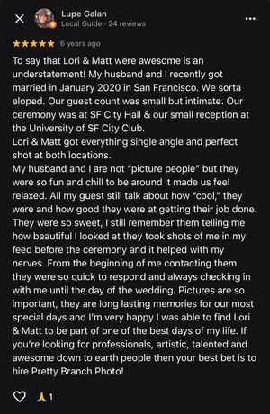 Five-star Google review from Lupe Galan praising wedding photographers Lori and Matt of Pretty Branch Photo in San Francisco.