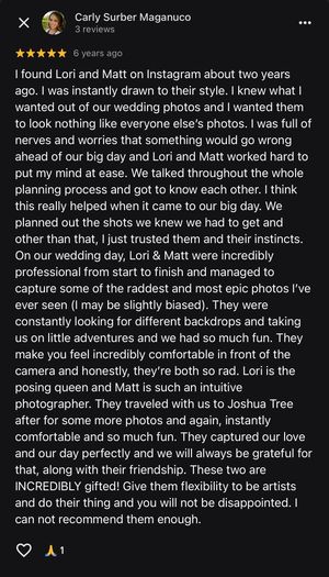 Five-star Google review praising wedding photographers Lori and Matt for their creativity, professionalism, and ability to capture stunning 