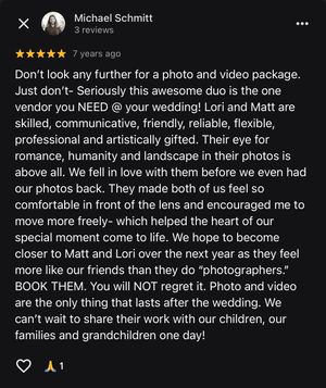 Five-star Google review praising wedding photo and video duo Matt and Lori for skill, professionalism, and artistic talent.