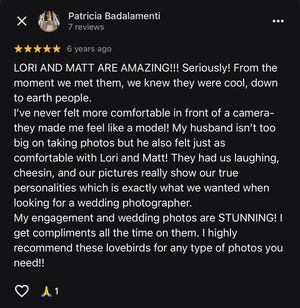 Five-star Google review praising wedding photographers Lori and Matt for their amazing, comfortable, and stunning photography work.