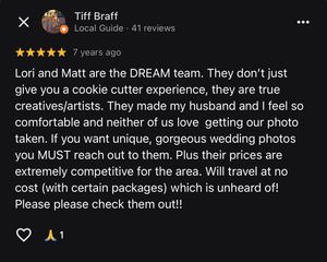 Five-star Google review praising Lori and Matt as a dream wedding photography team with competitive prices and travel options.