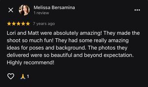 Five-star Google review praising photographers Lori and Matt for fun shoot, creative poses, and beautiful photos beyond expectation.