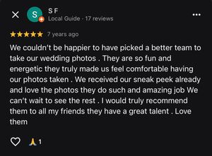 Five-star Google review praising wedding photographers as fun, energetic, and talented, recommending them to all friends.
