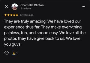 Five-star Google review praising an amazing, painless, and fun photography experience with beautiful photos returned to clients.