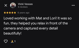 Five-star Google review praising Mat and Lori for helping clients relax and capturing every wedding detail beautifully.