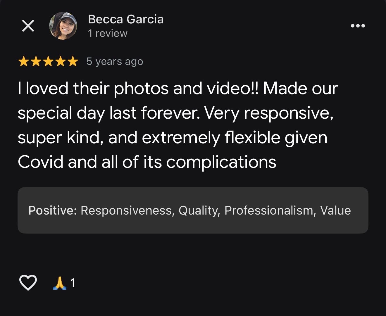 5-star Google review praising a photographer's responsiveness, quality, professionalism, and flexibility during Covid.