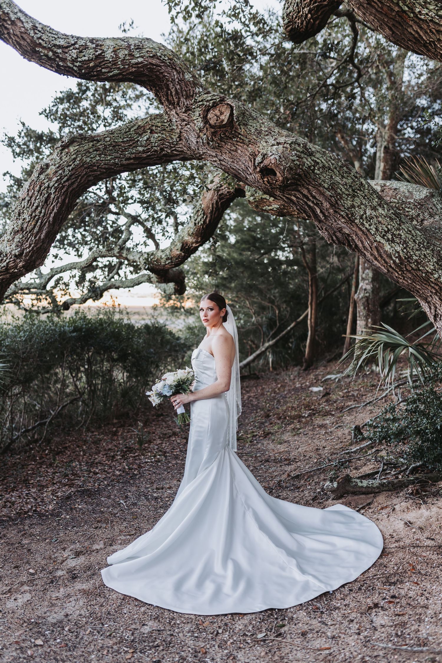 Bride in elegant white mermaid gown with veil posing under a large oak tree outdoors.