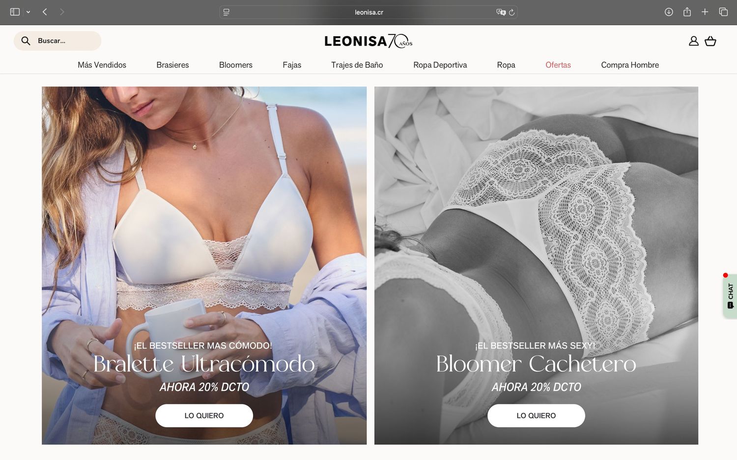 Woman in white bralette lingerie posing elegantly, showcasing Leonisa UltraComodo bra with 20% discount promotion.
