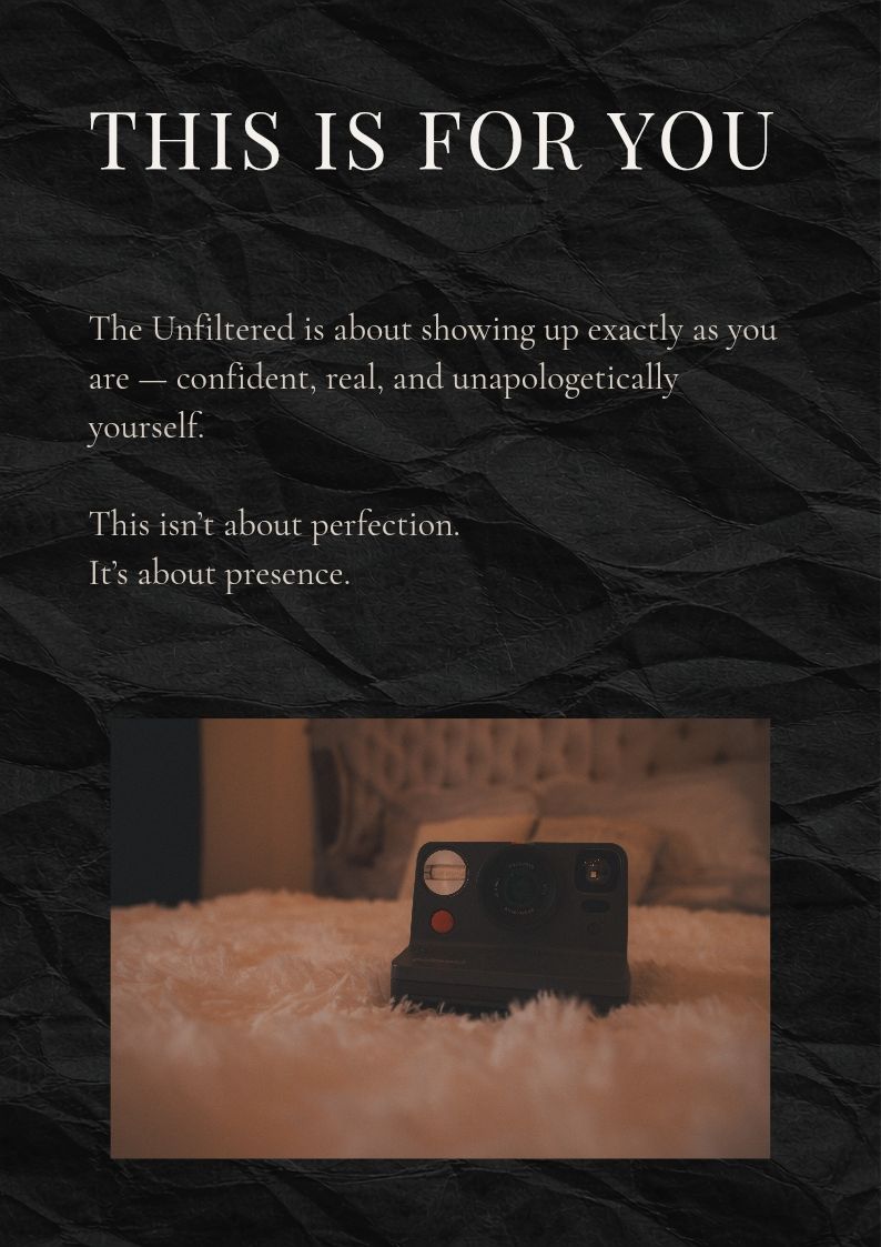 A black Polaroid Now camera resting on a fluffy white rug with a dark crumpled paper background and motivational text overlay.