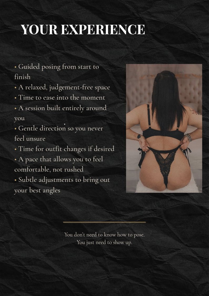 Boudoir photography promotional flyer showcasing guided posing services in a judgement-free studio session.