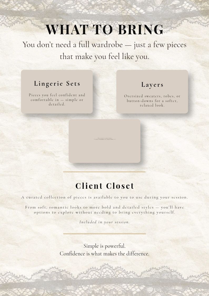 Elegant boudoir session guide listing what to bring, including lingerie sets, layers, and a client closet with curated pieces.
