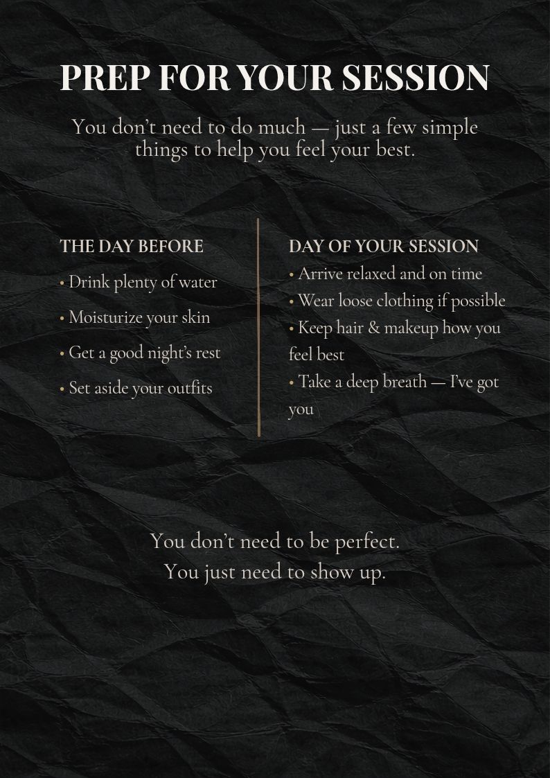 Dark crumpled paper background with session prep tips listing day-before and day-of advice for feeling confident.