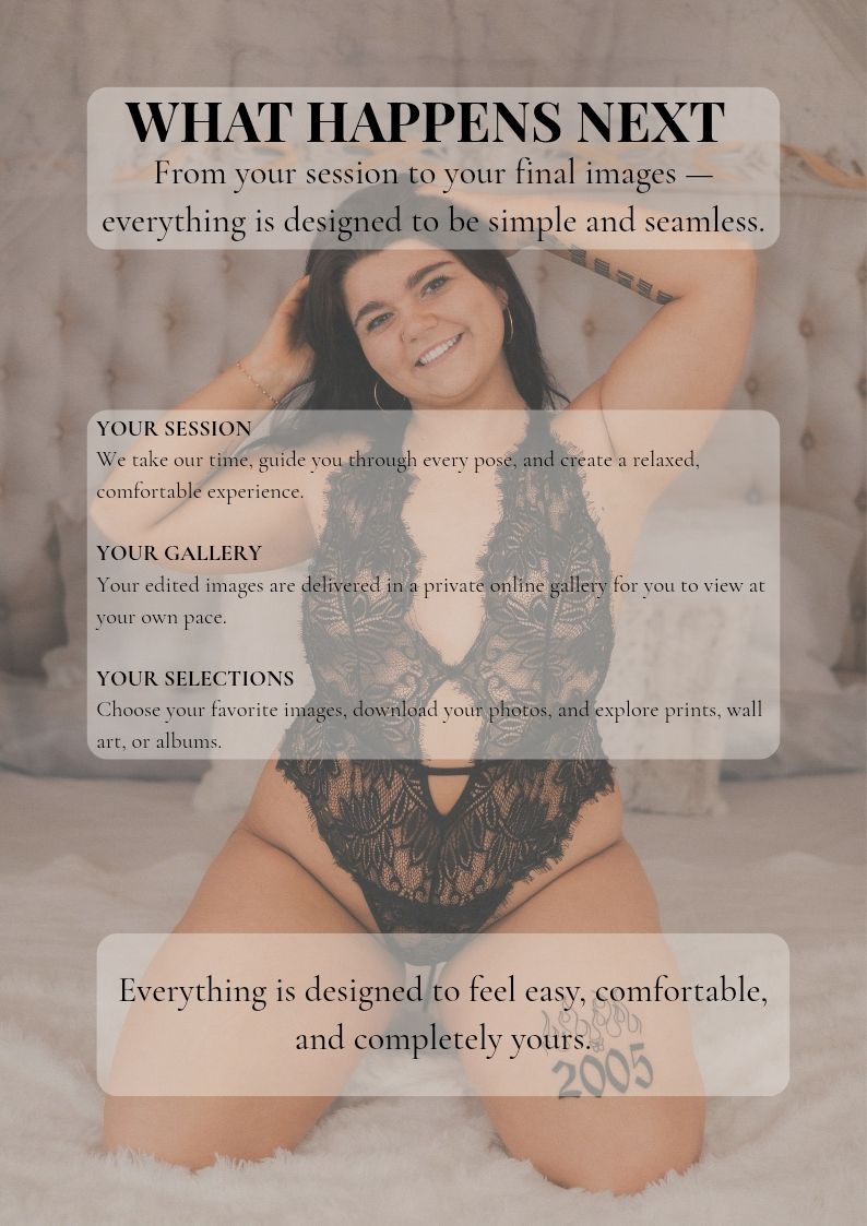 Boudoir photography promotional flyer featuring a smiling plus-size woman in black lace lingerie posing on a bed.