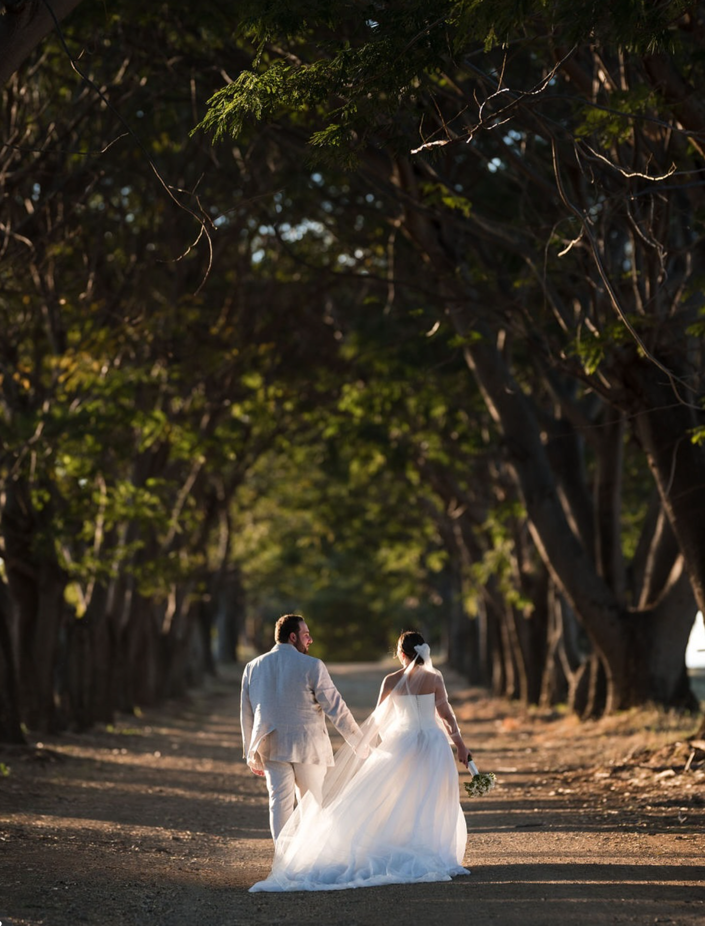 Bride and groom walking together under trees with soft natural light