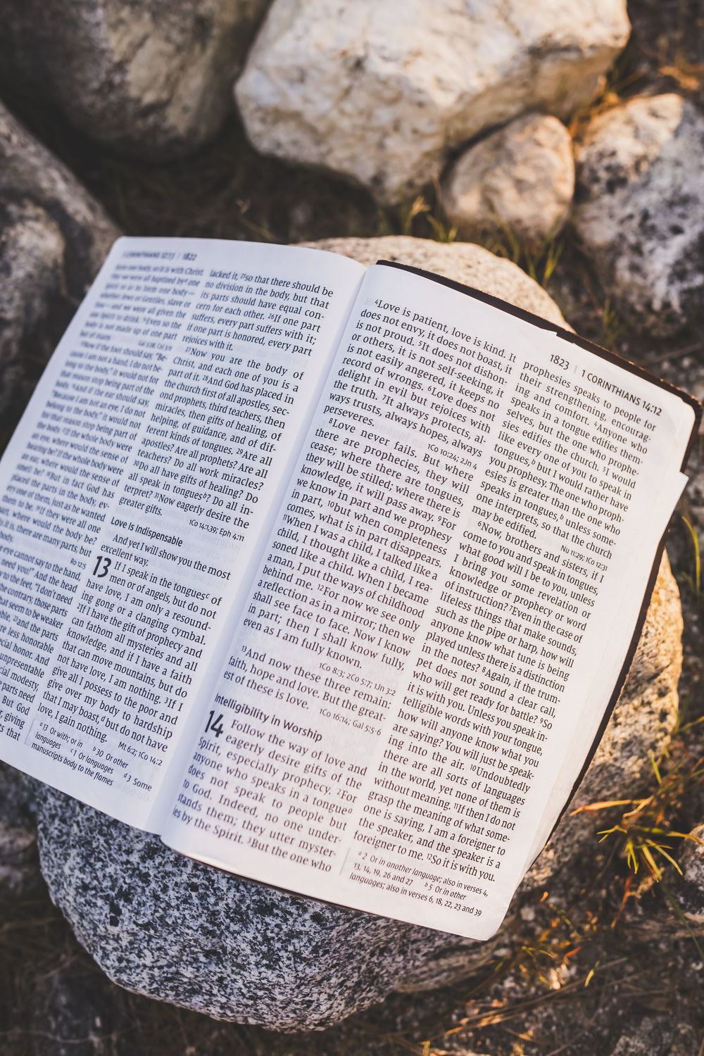 Open Bible resting on rocks displaying 1 Corinthians text in warm natural light outdoors.