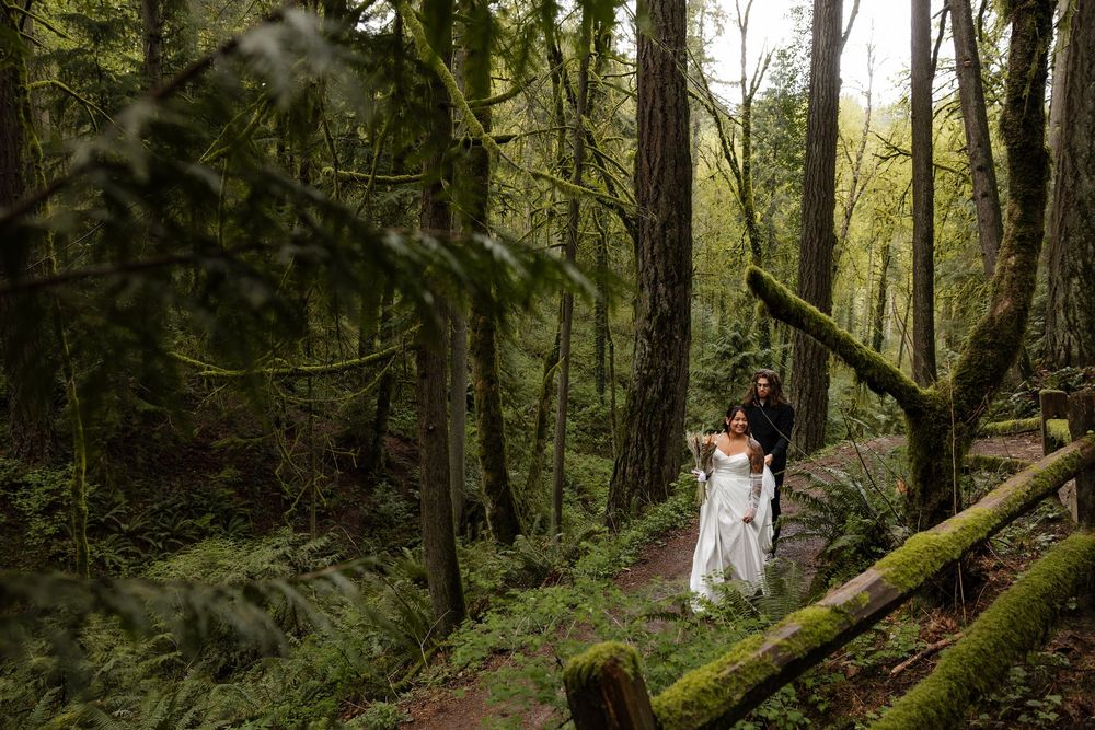 Bride and groom walk hand in hand through a lush green forest on their wedding day.