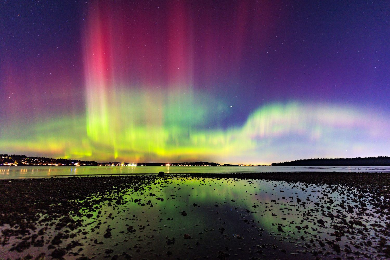 Aurora borealis reflections near Port Orchard, Washington