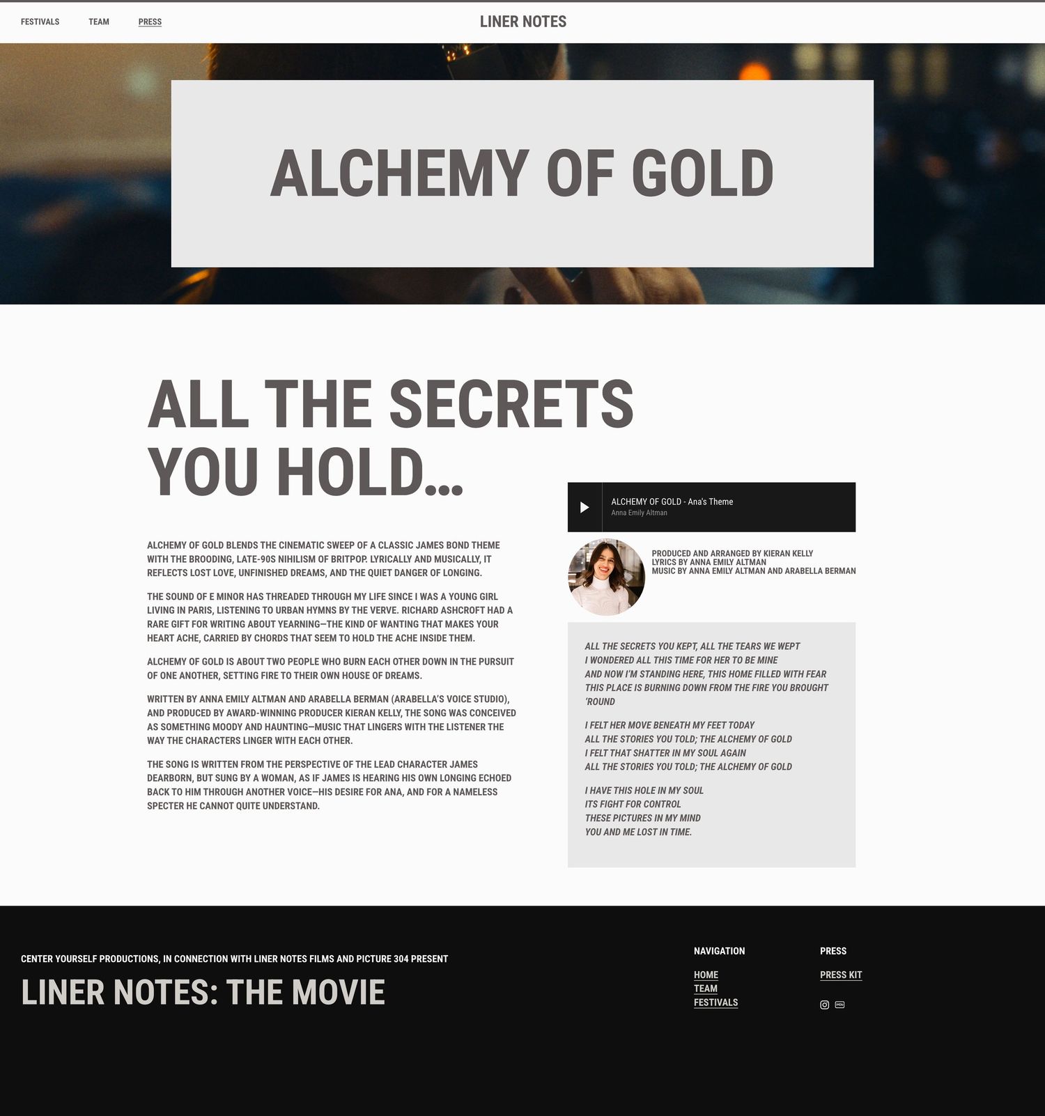 Liner Notes The Movie website featuring Alchemy of Gold title with dark cinematic background and movie promotional content.