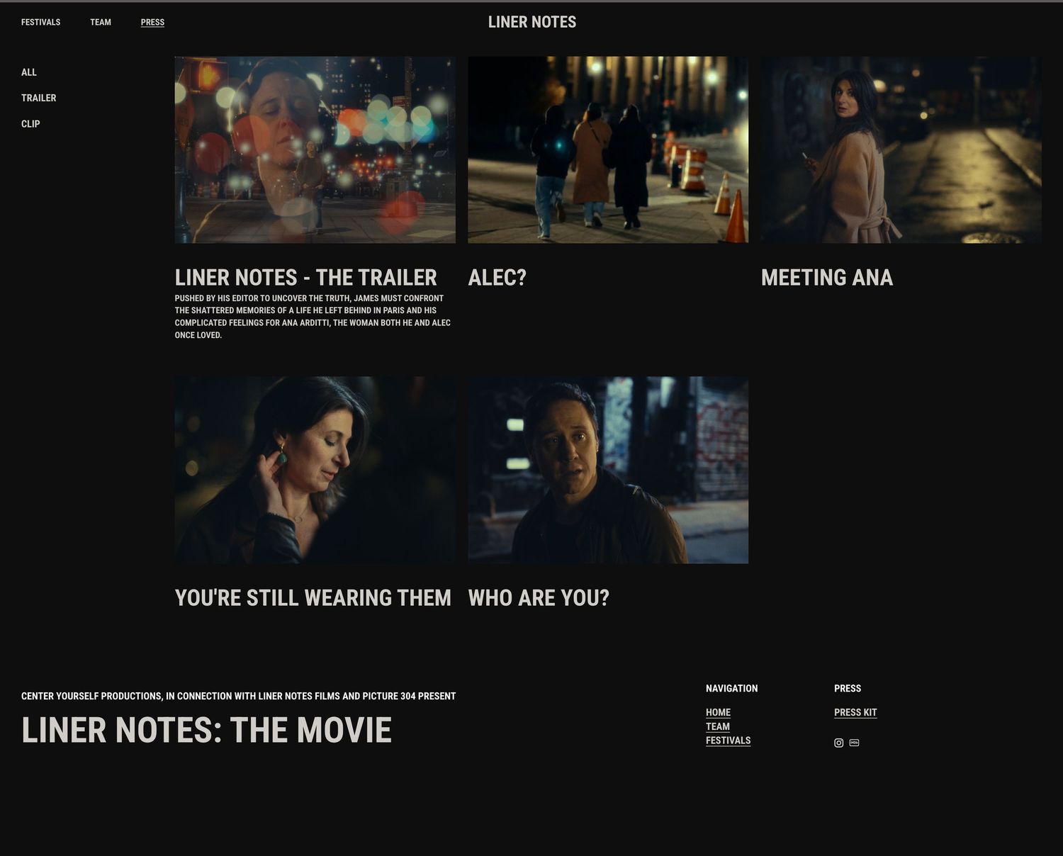 Dark cinematic film website showcasing Liner Notes movie with moody night scenes and dramatic character portraits.