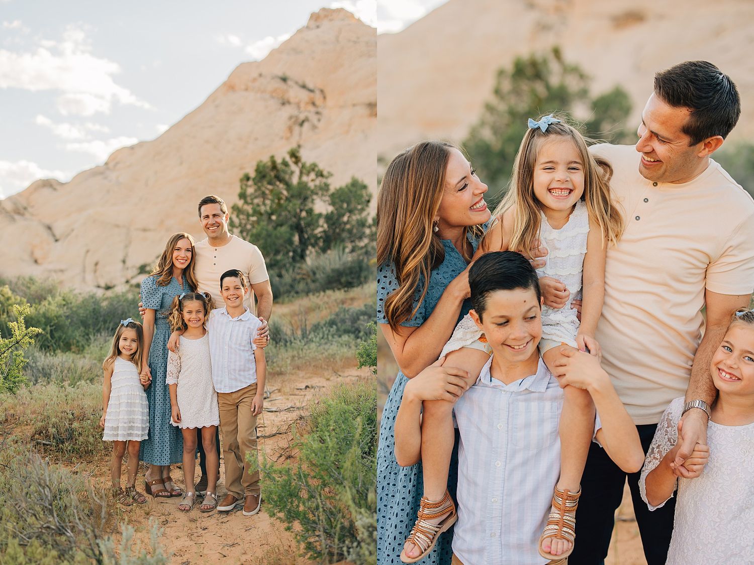 Professional family portrait session with five members posing and laughing in a scenic desert setting.