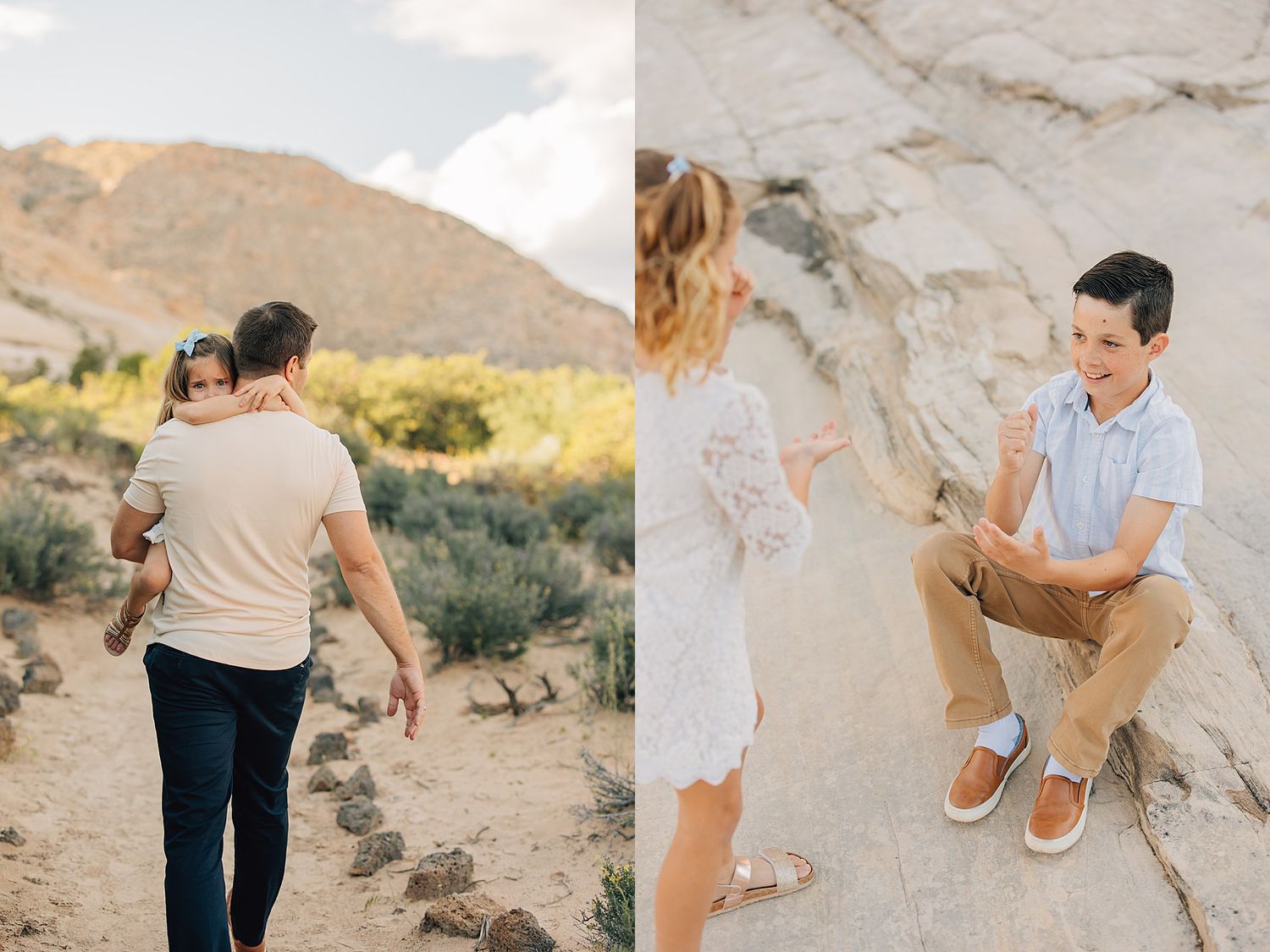 Family outdoor photo session with father carrying child on mountain trail and boy sitting on rocks with mother in white dress.