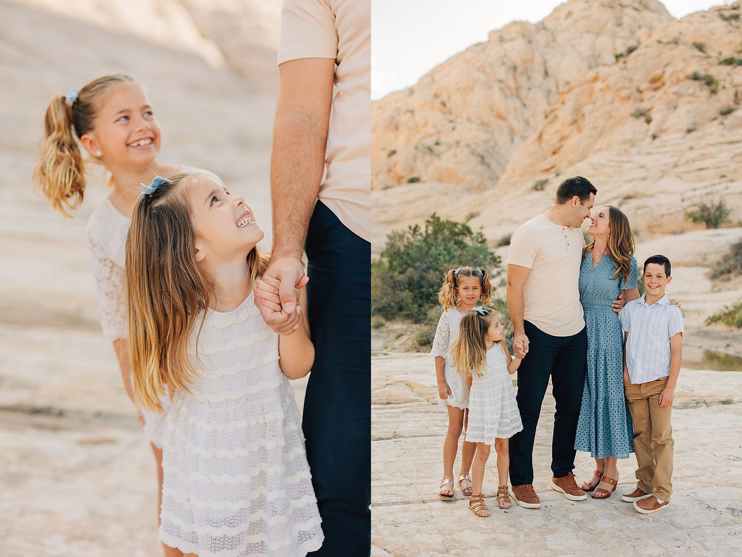 Family portrait session in a desert canyon, with children holding hands with parents and a family of five posing together.
