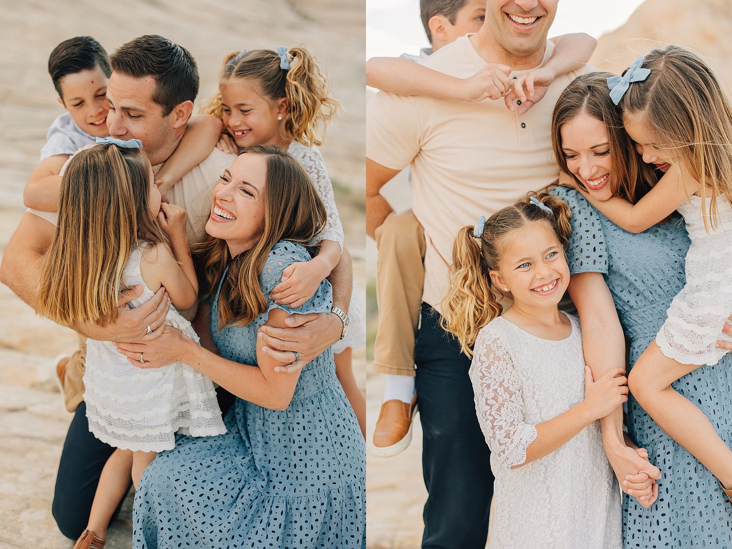Happy family of five sharing warm hugs and laughter outdoors, captured in a sunny beach photo session.