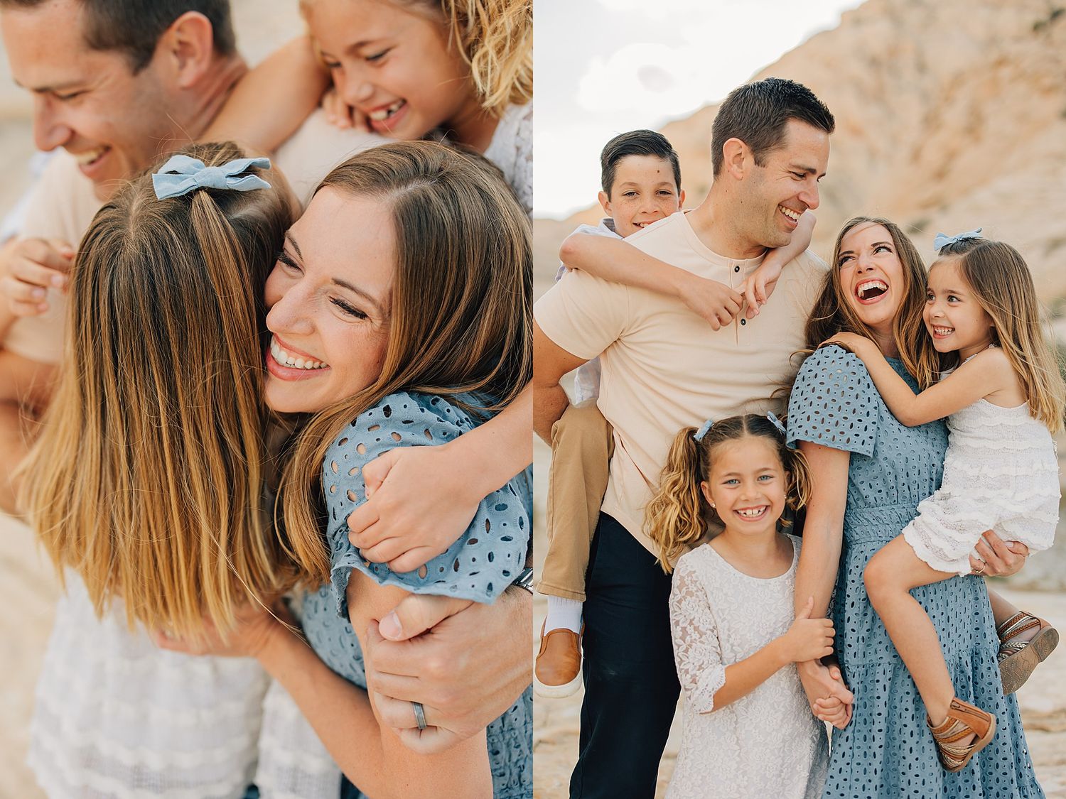 Happy family hugging and laughing together outdoors in a desert setting during a professional photo session.