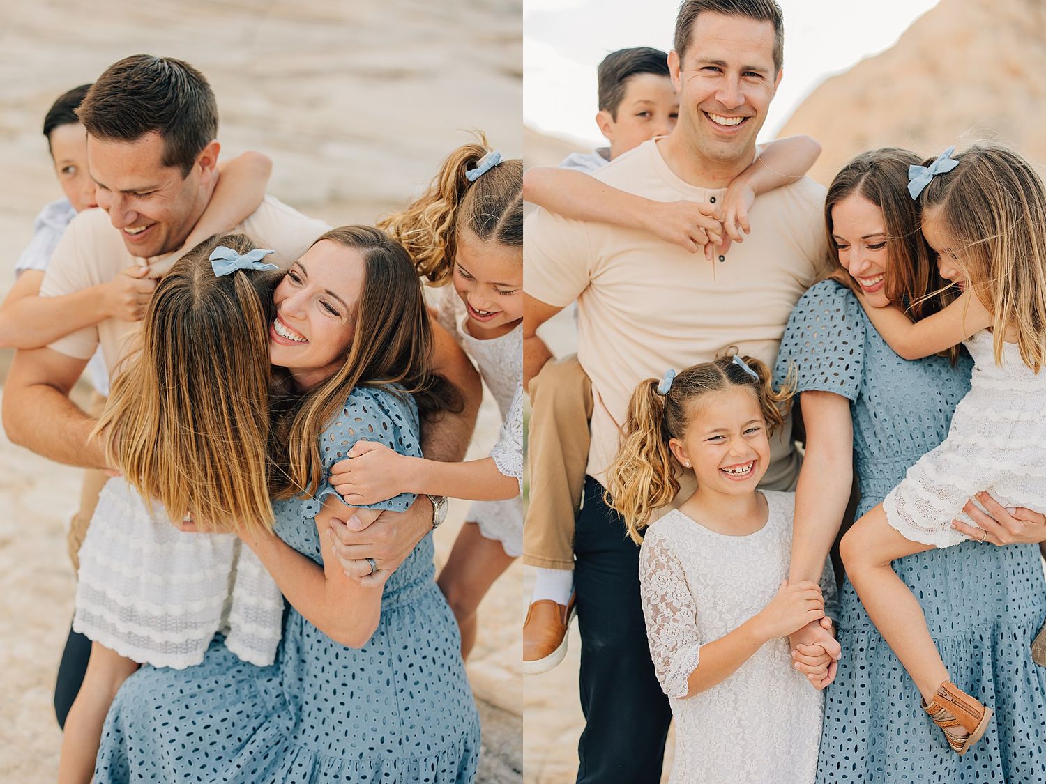 Happy family hugging and laughing together outdoors in a warm sandy setting during a professional photo session.