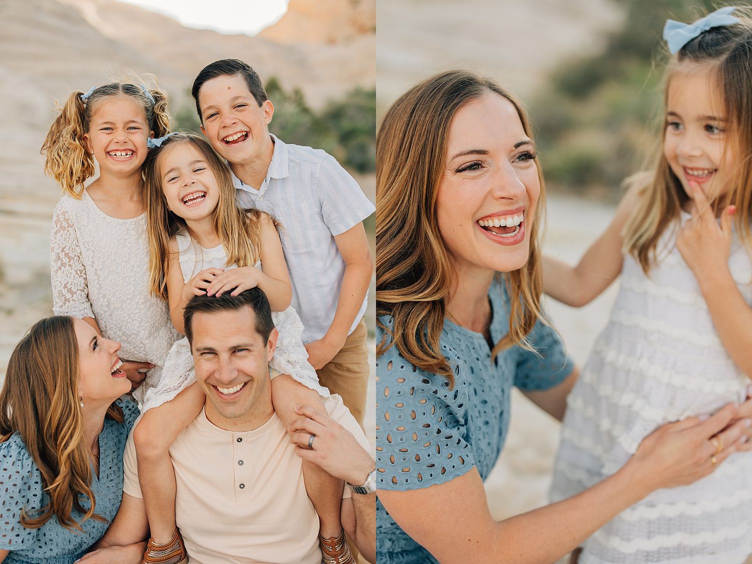 Happy family portrait with parents and three children laughing outdoors in a desert setting during a professional photo session.