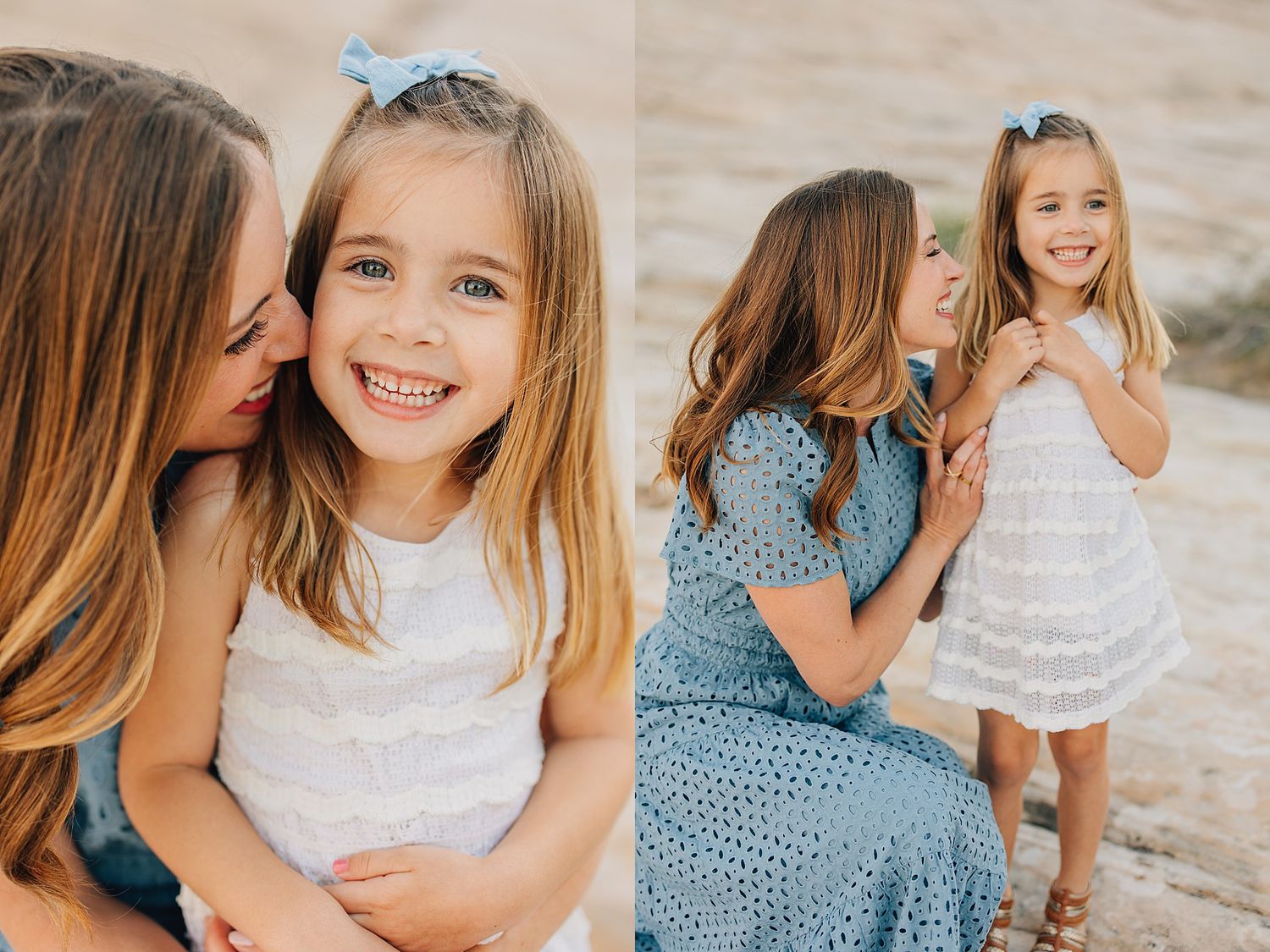 A mother tenderly embraces her smiling young daughter with a blue bow outdoors in a warm, golden-lit beach setting.