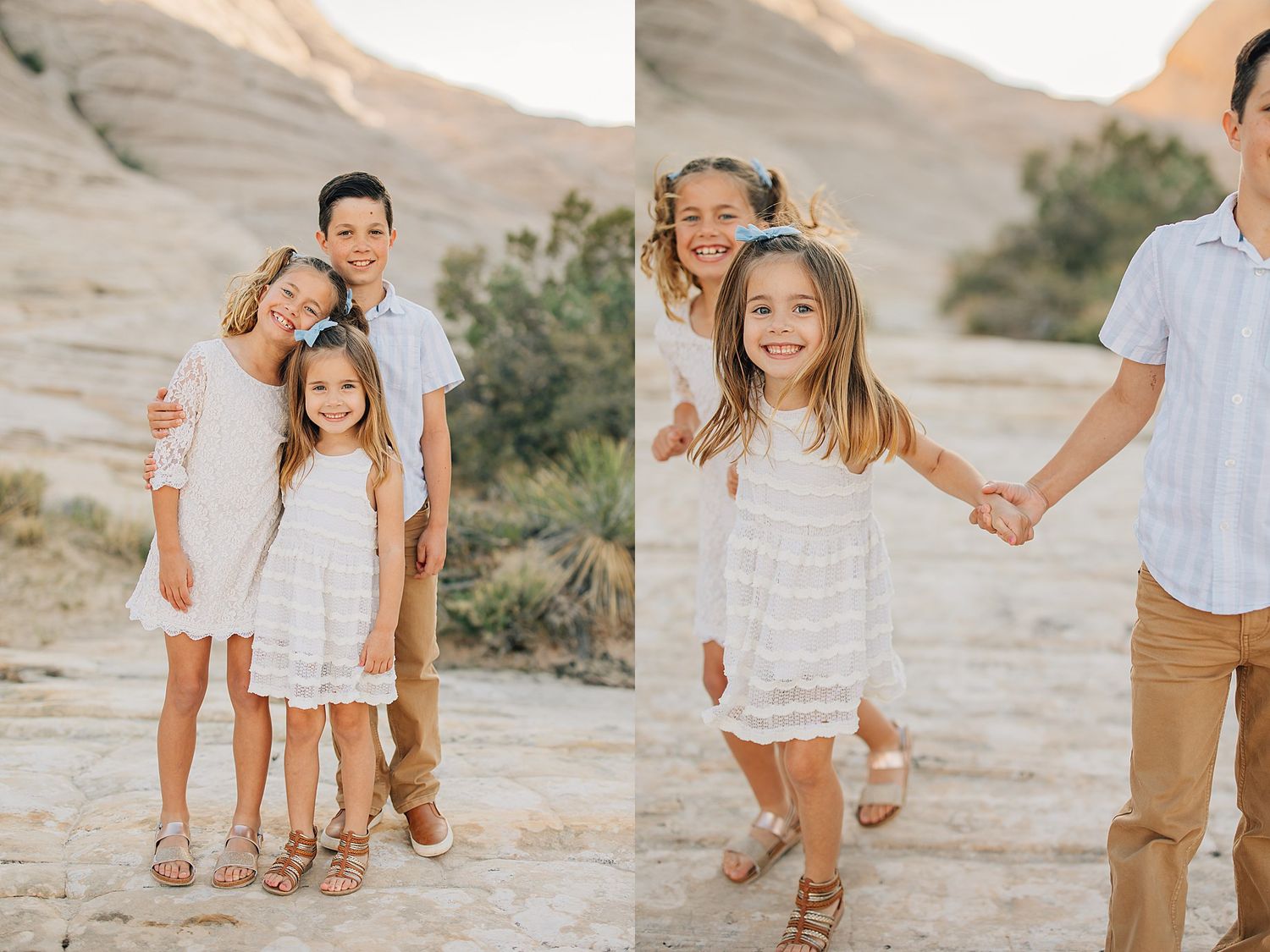 Three siblings holding hands and smiling together in a golden desert landscape during a family photo session.