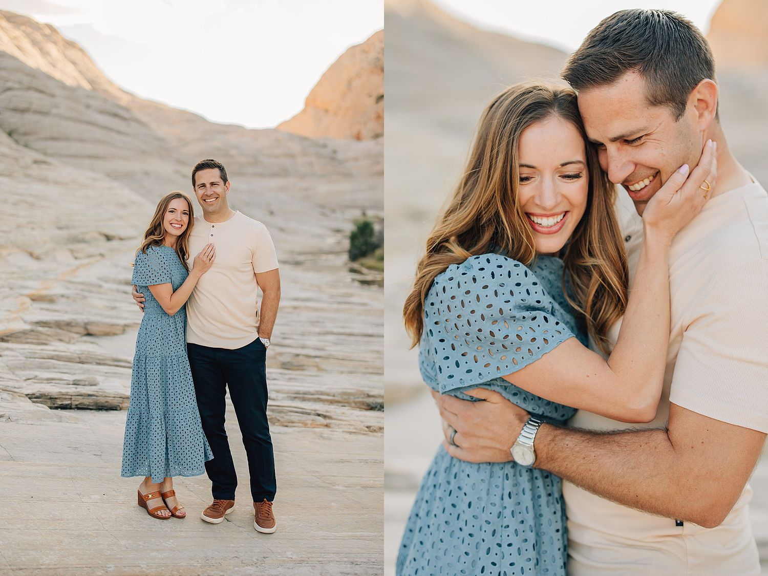 Couple embracing and smiling together in a desert landscape during a romantic engagement photo session.