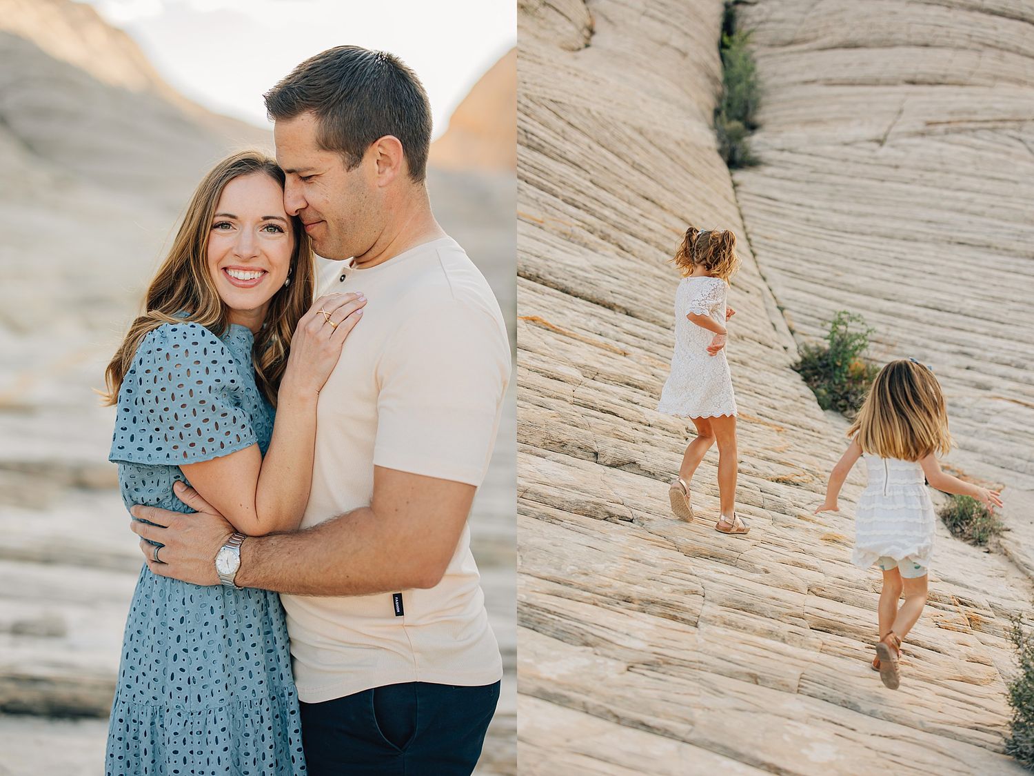 Couple embracing on rocky terrain alongside two young girls in white dresses exploring sandstone cliffs.