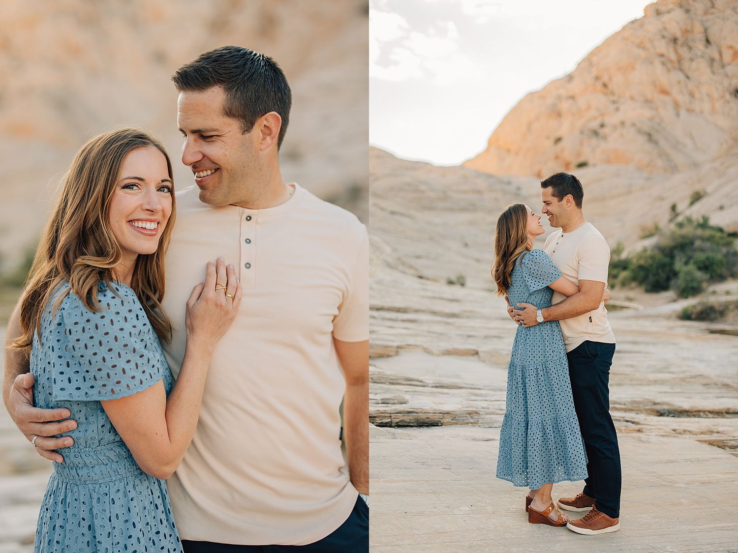 Smiling couple posing together in a desert landscape, wearing coordinating blue and beige outfits.