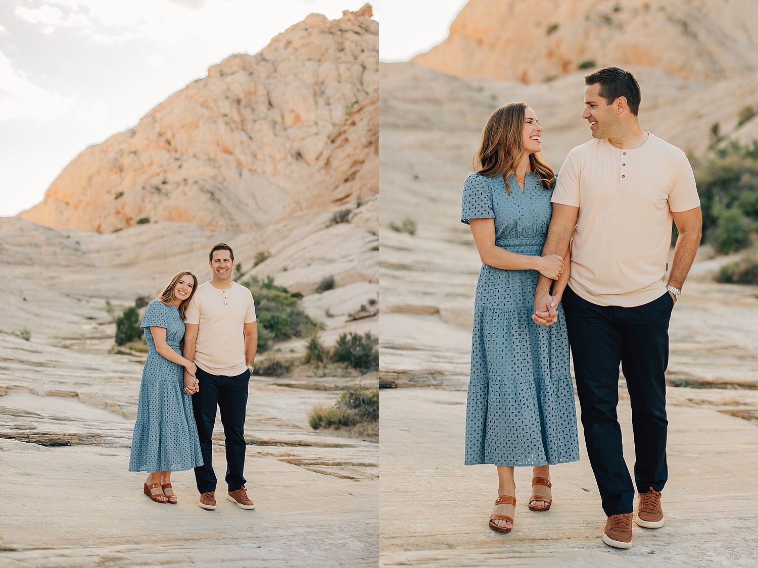 Couple holding hands and smiling at each other in a scenic rocky desert outdoor setting.