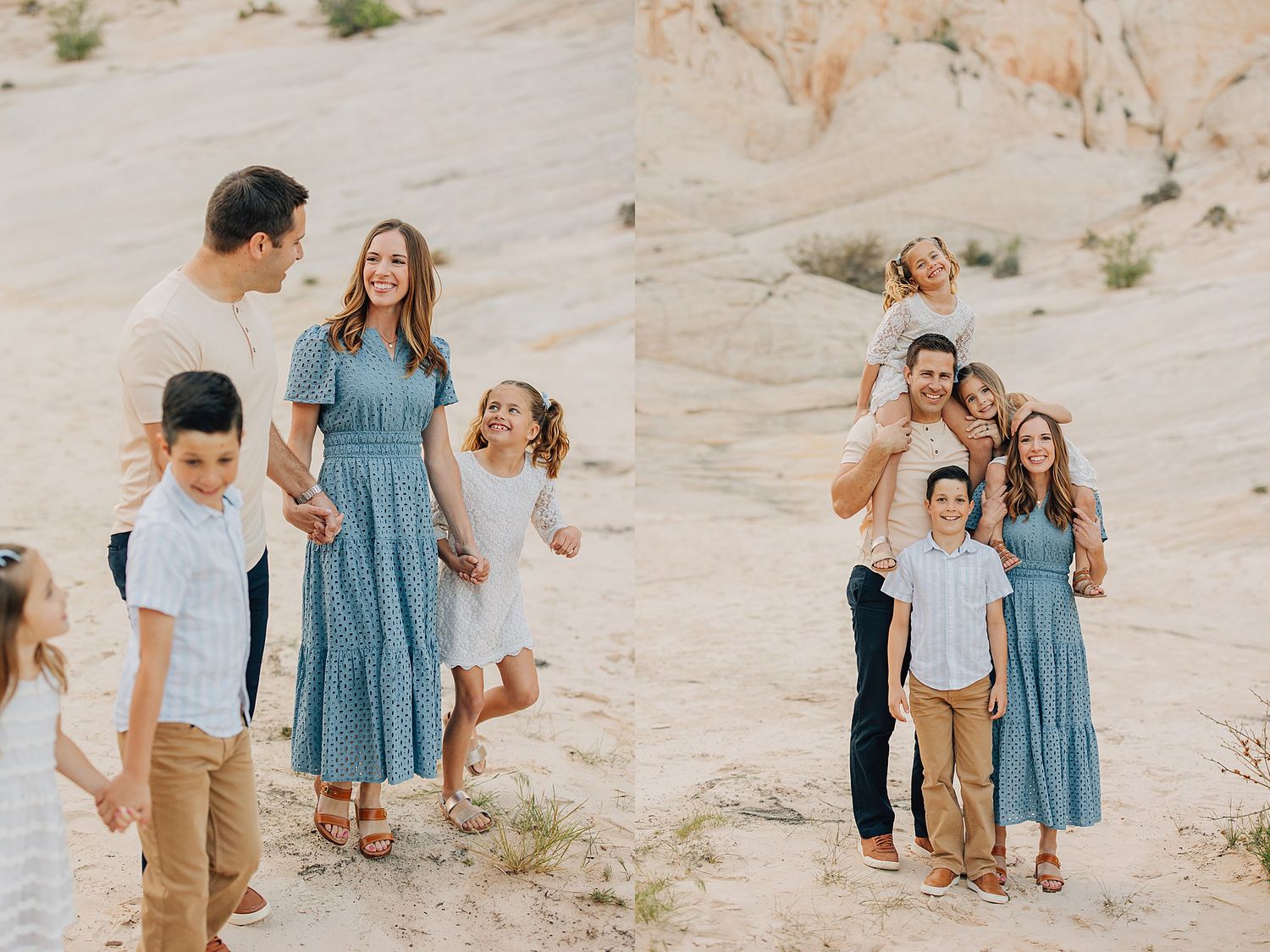 Family of five posing together in a desert landscape with sandy rock formations in the background.