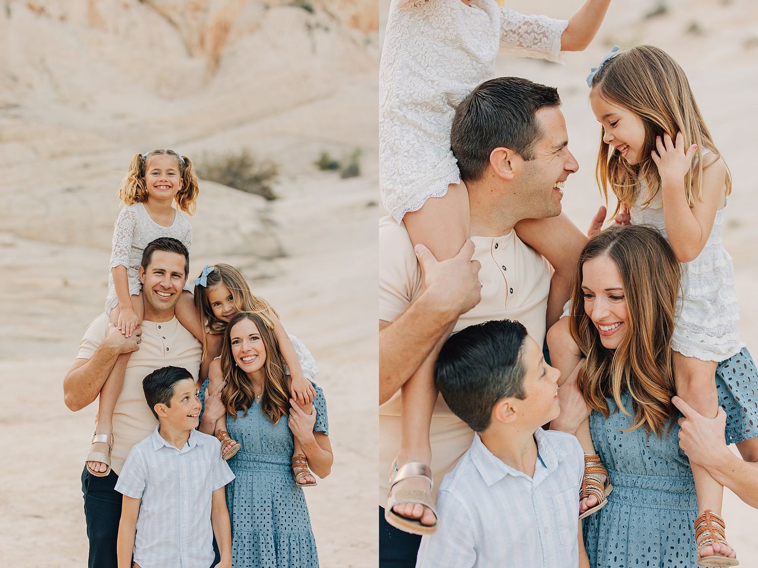 Family of four posing together in a sunny desert setting with warm sandy cliffs in the background.