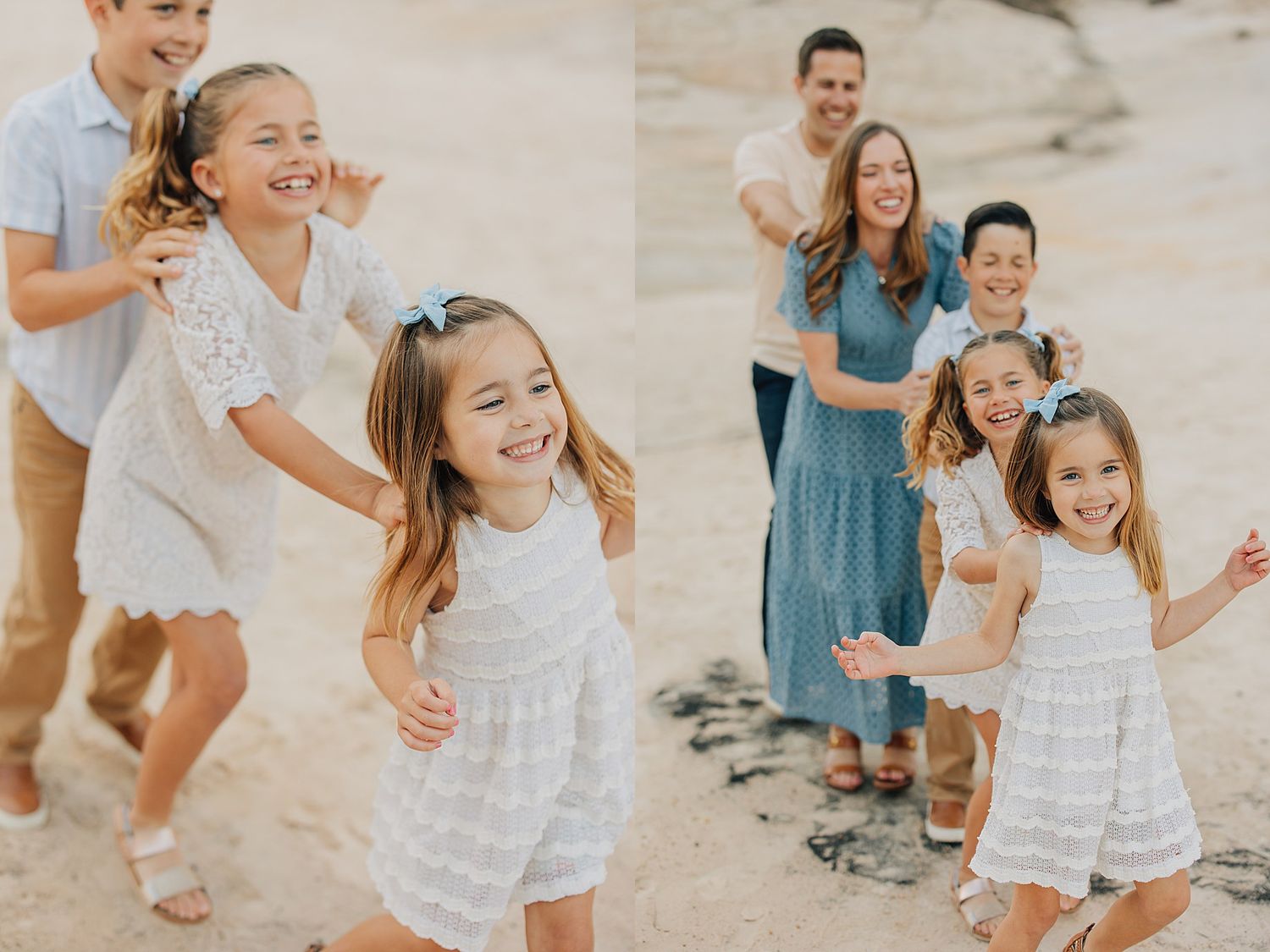 Joyful family with children laughing and playing on a sandy beach during a casual outdoor photo session.