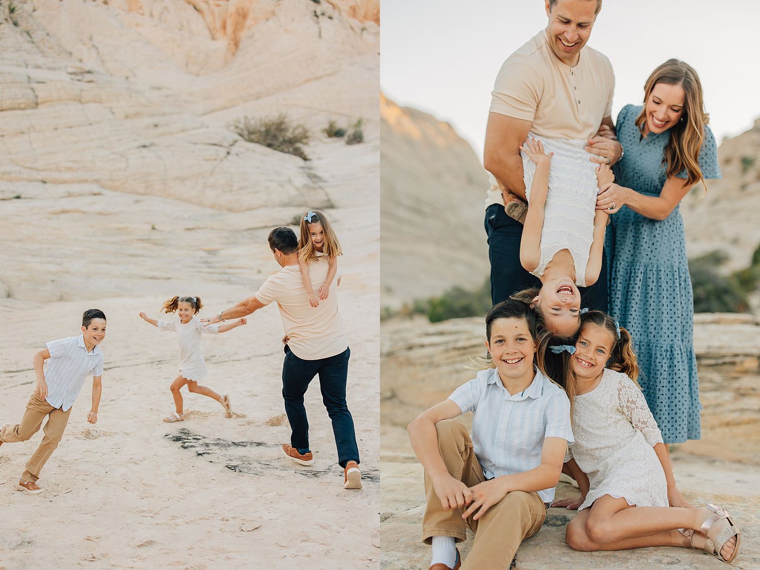Family of five playing and posing together on sandy desert rocks during a warm golden hour photo session.