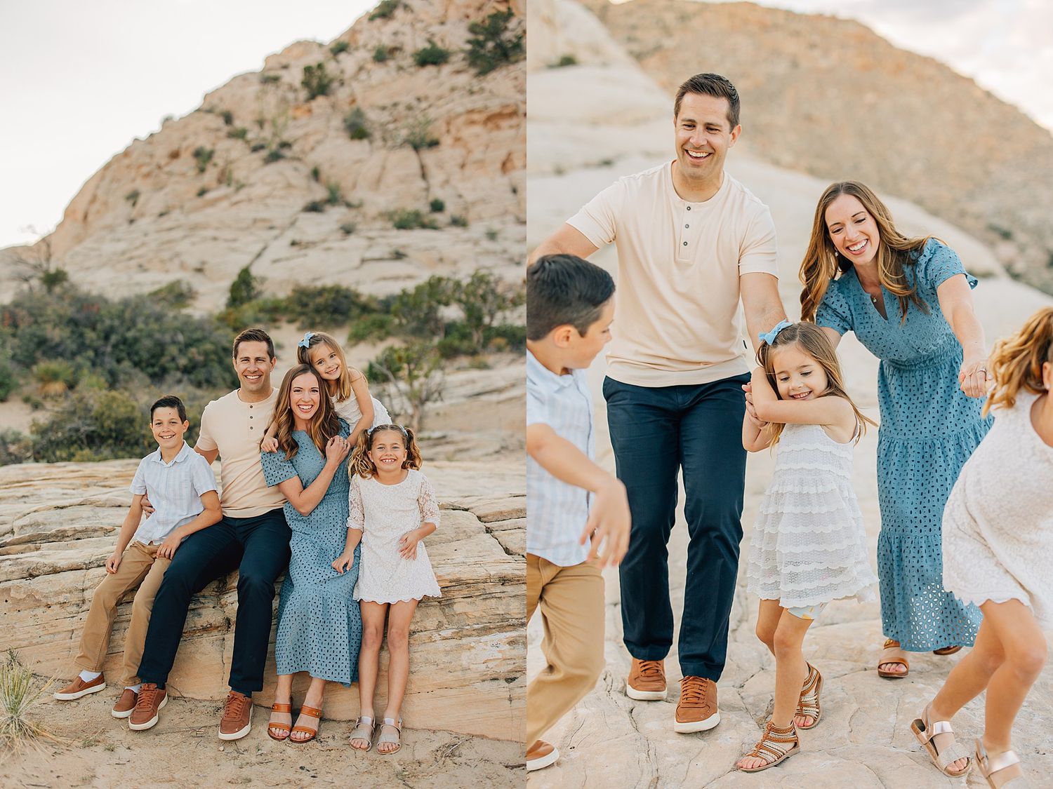 Happy family laughing and playing together outdoors near rocky desert terrain in coordinated outfits.